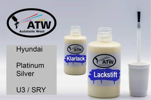 Hyundai, Platinum Silver, U3 / SRY: 20ml Lackstift + 20ml Klarlack - Set, von ATW Autoteile West.